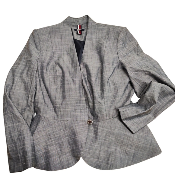 New Tommy Hilfiger Womens Collarless Button-Front suit jacket. Gray Multi 12 - Picture 11 of 13